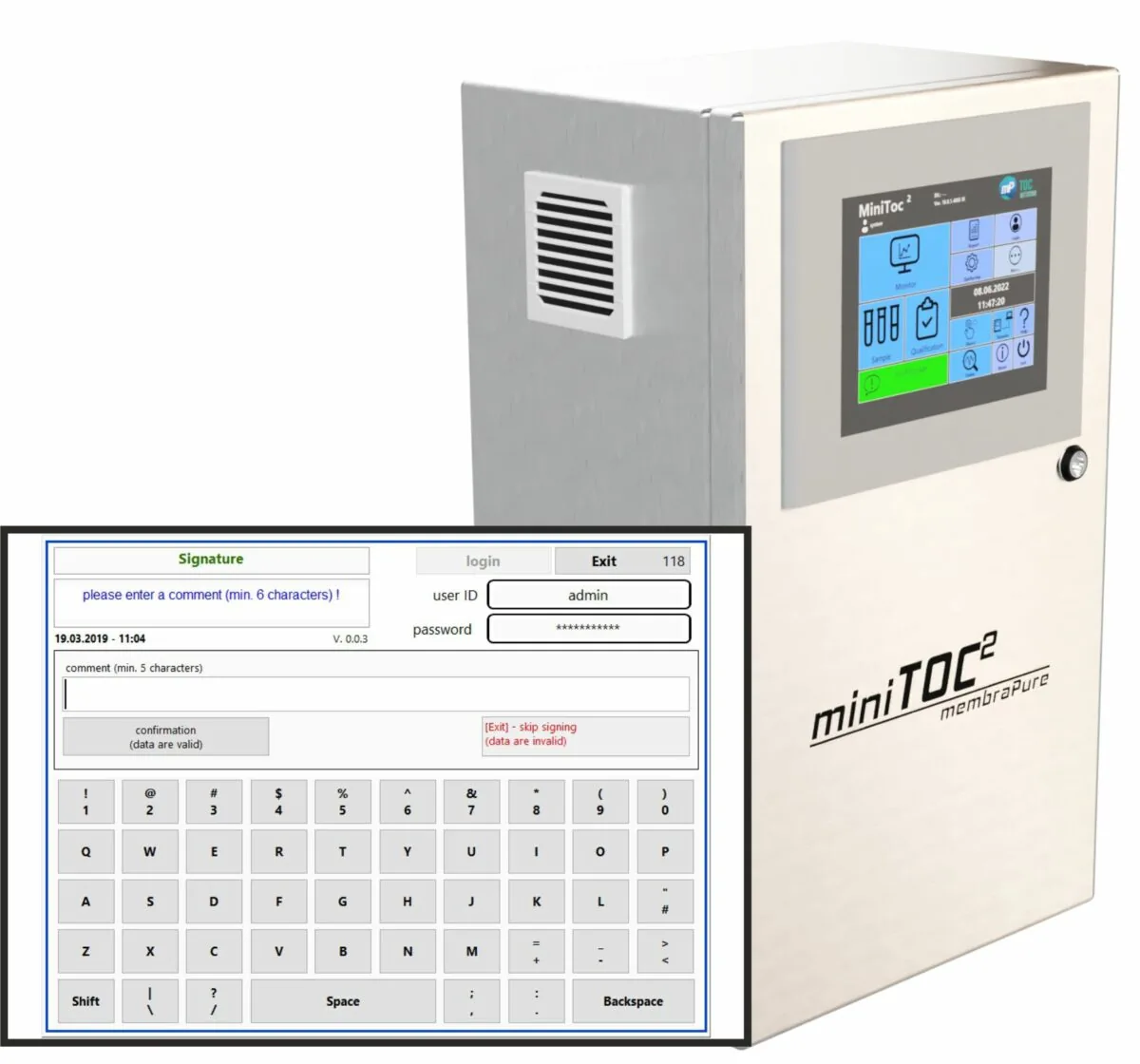 The image features the MiniTOC² TOC analyzer from membraPure, showcasing its sleek design with a