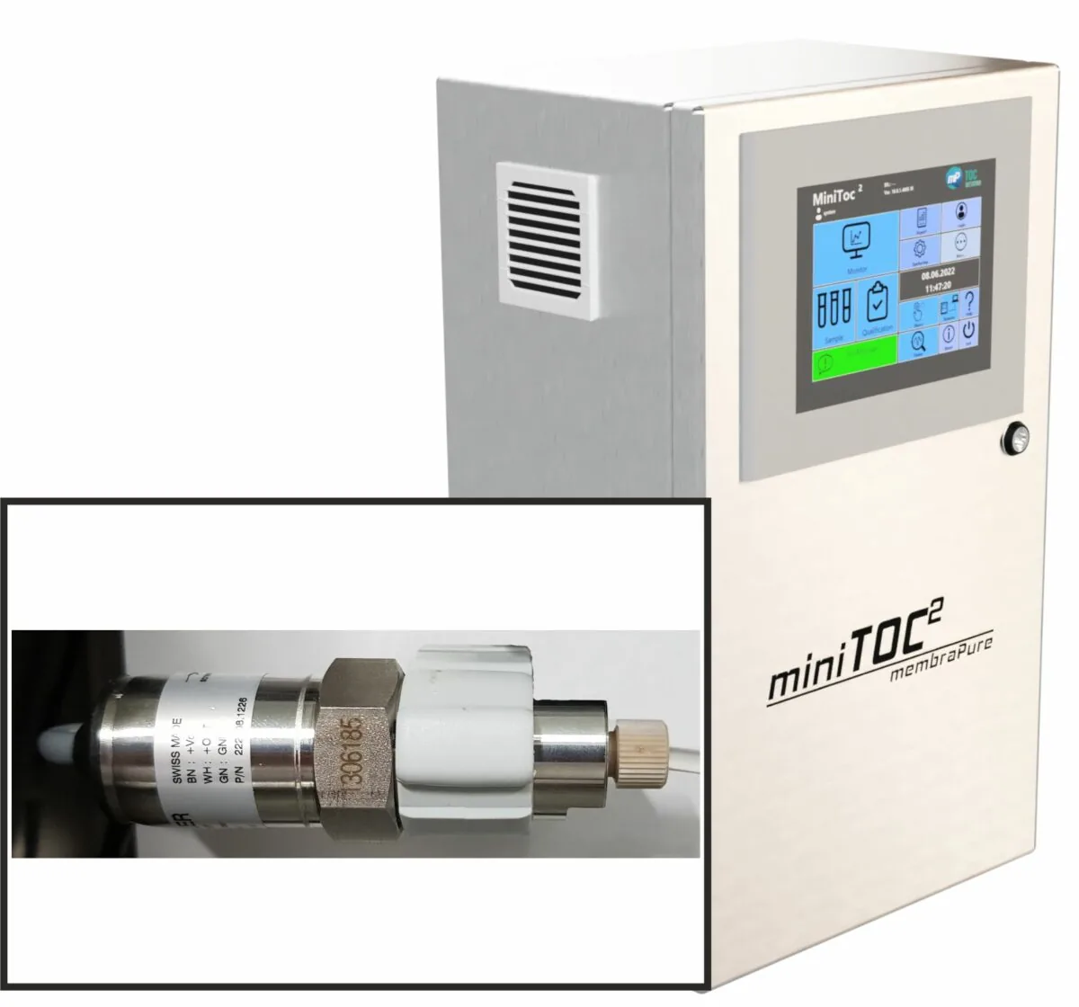 miniTOC² TOC analyzer with touchscreen display and sensor detail.