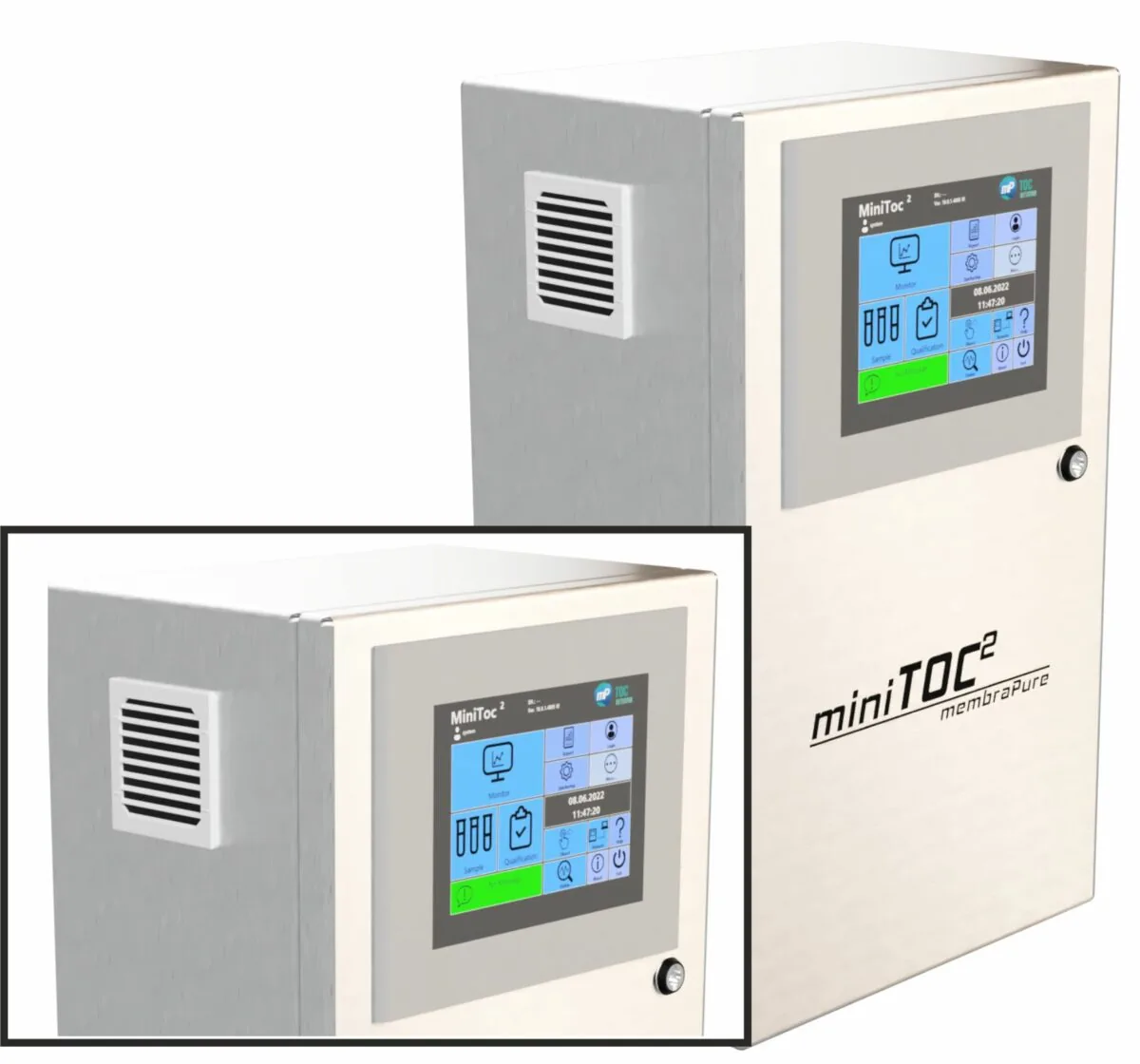 miniTOC² TOC analyzer with touchscreen display and stainless steel casing.
