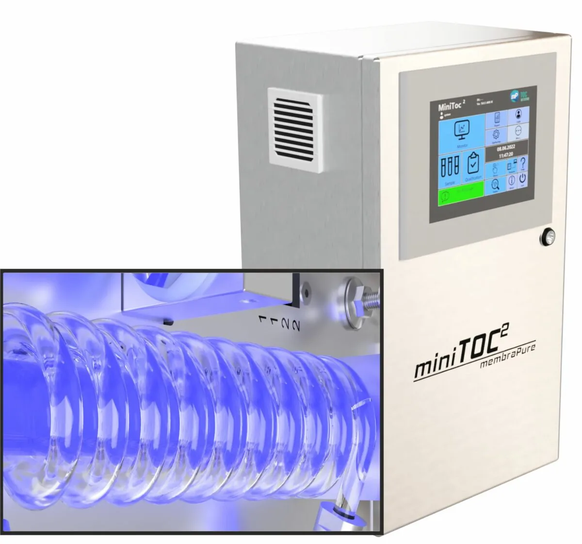 miniTOC² TOC analyzer with illuminated UV lamp and digital display.